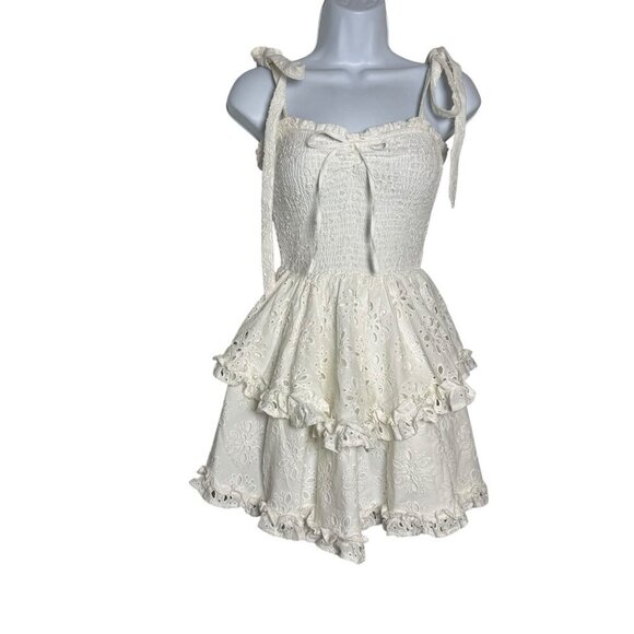 YUMI KIM Rita mini dress white eyelet size small tiered shoulder ties smocked - Picture 10 of 13